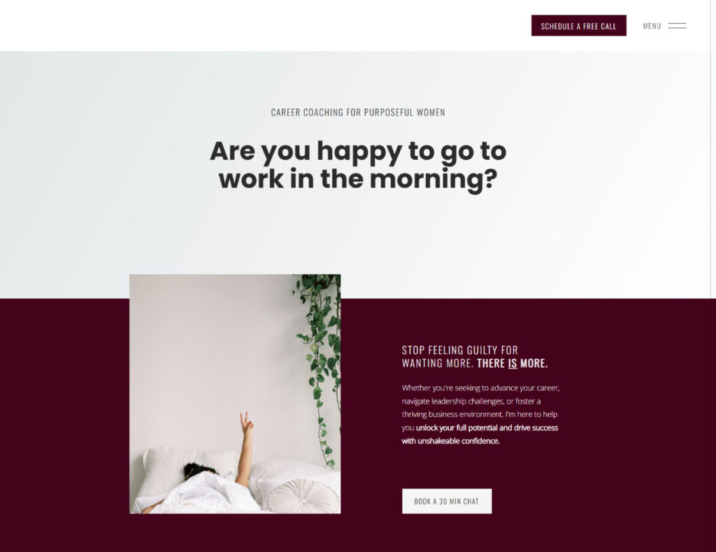 Life coach website design section with bold, direct question: 'Are you happy to go to work in the morning?' designed to connect with career coaching clients.