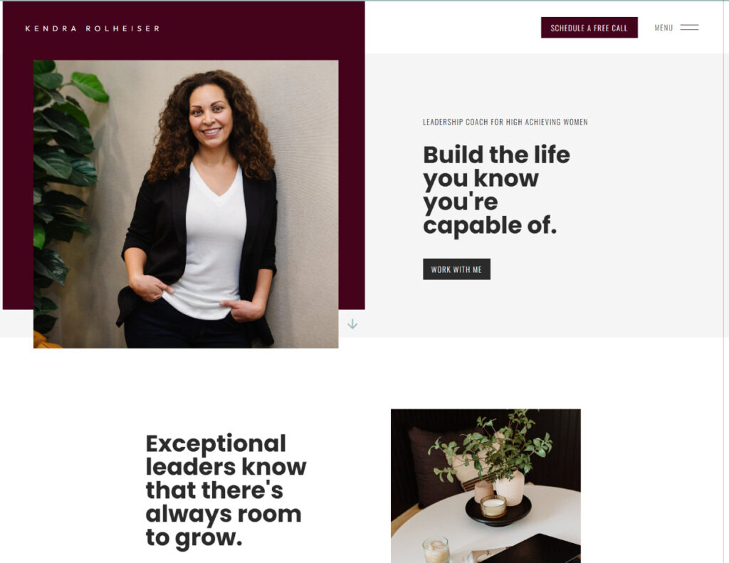 Homepage of Kendra Rolheiser’s life coach website design with clear headline, personal photo, and easy-to-find call to action button.