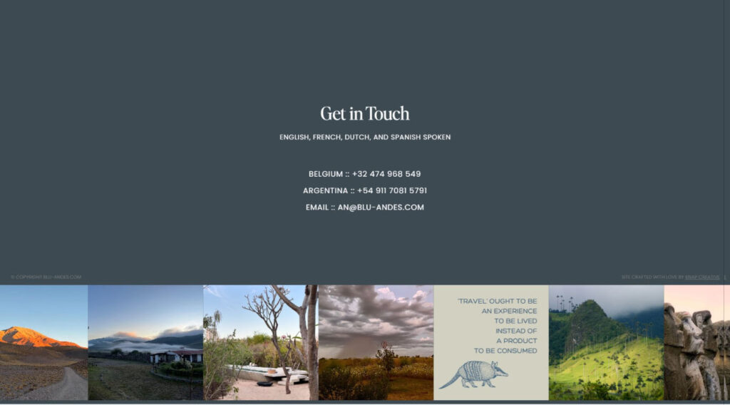Website footer showing contact information and a scrolling image gallery of South American travel photography.