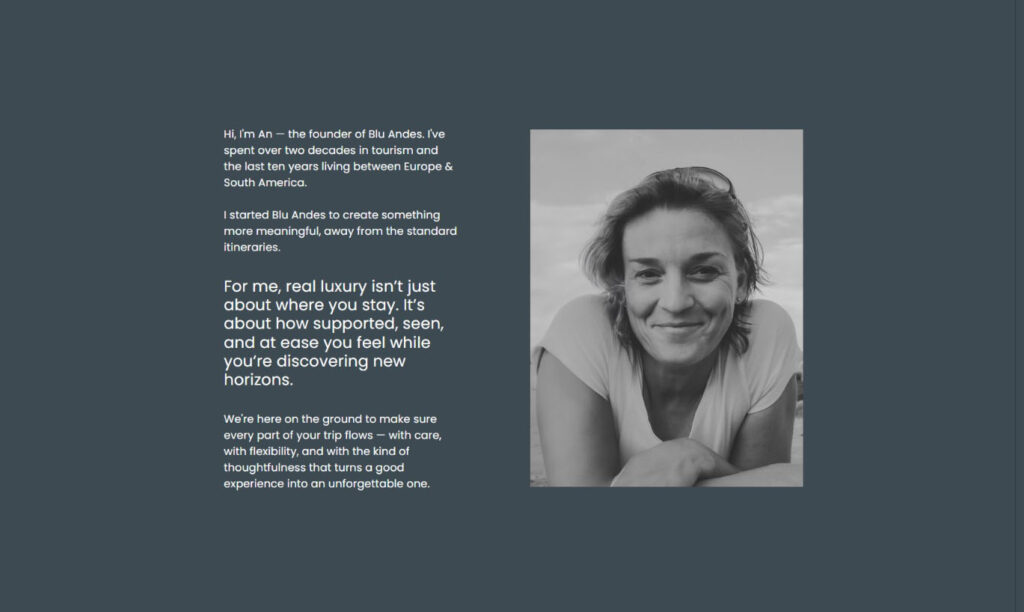Portrait of An smiling, with a short introduction alongside.