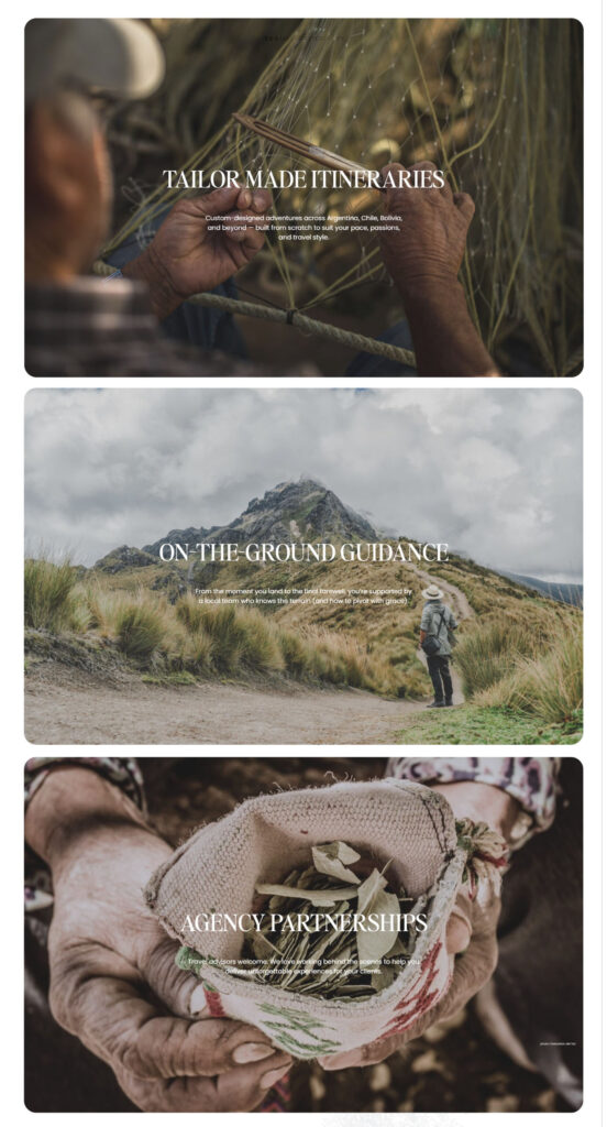 Website section showing services including tailor-made itineraries, on-the-ground guidance, and local partnerships.